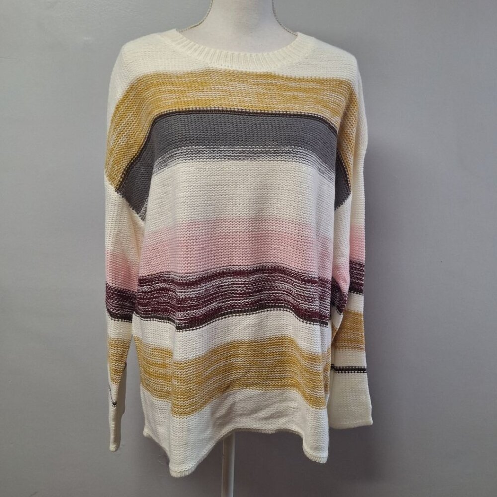 Wanna B Knit Sweater Stripes Pink Long‎ Sleeve Warm Cozy Womens Medium Oversized